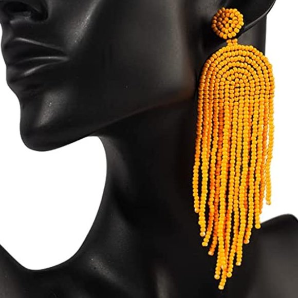 Long 4.5" Orange Yellow Art Deco Oversized Earrings New Bohemian Tassel Fringe - Picture 2 of 5